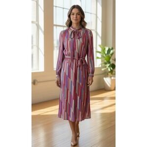 Vintage 70s Tie Neck Midi Dress  Geometric Stripe Long Sleeve Secretary Dress XL